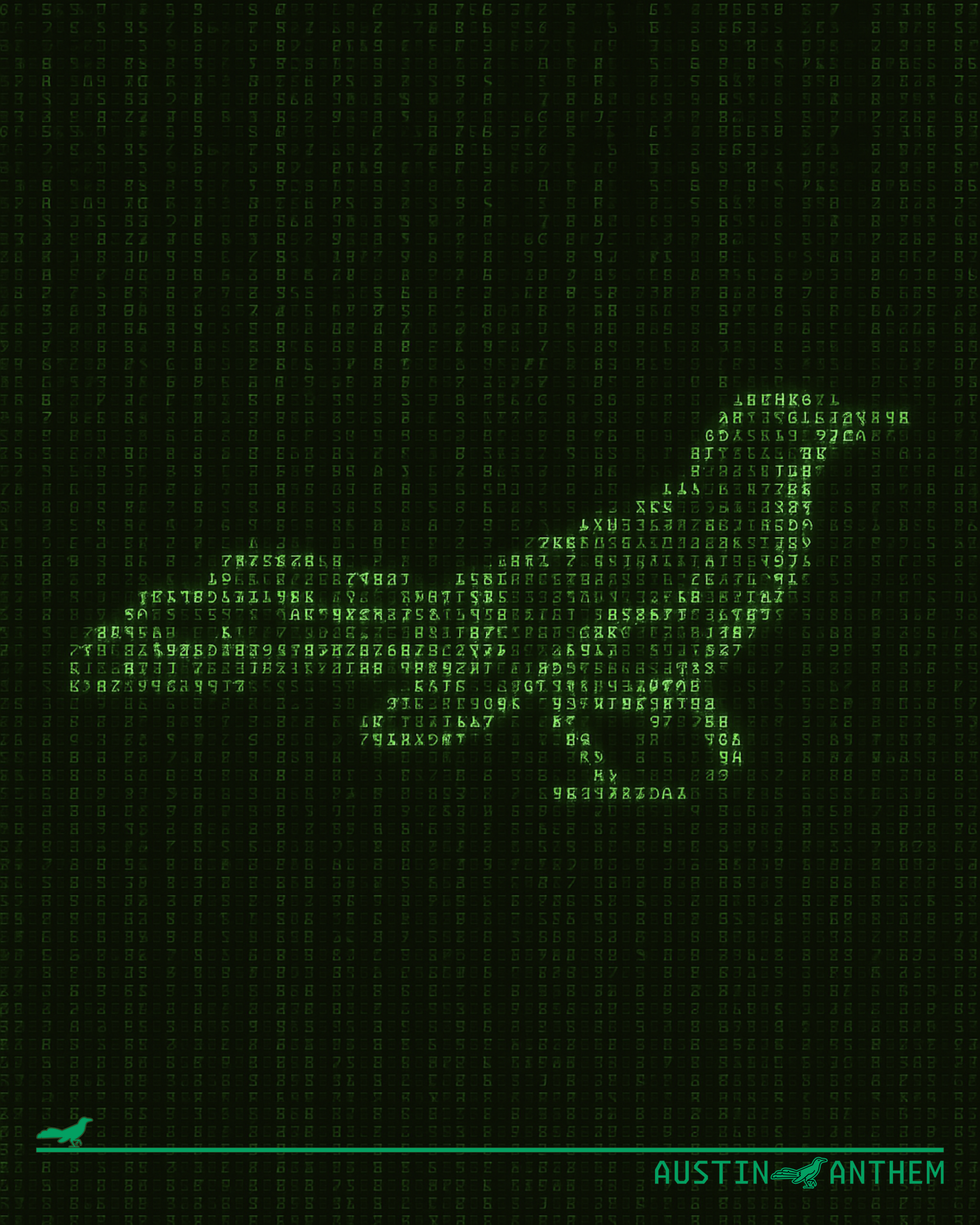 The digital code rain of the Matrix with a grackle made of Matrix code in the middle.